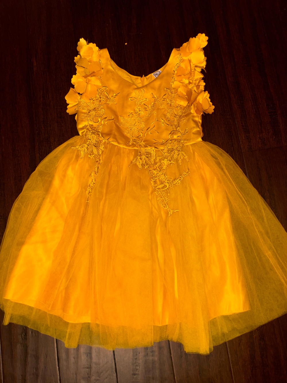 Yellow Floral Appliqué Satin & Tulle Dress